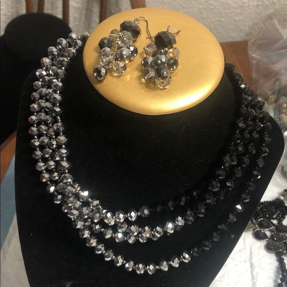 Faceted Black & Silver Beaded Necklace with Matching Earrings